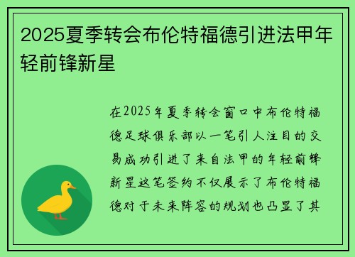 2025夏季转会布伦特福德引进法甲年轻前锋新星