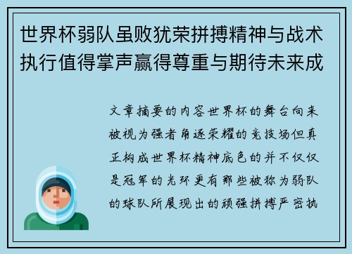 世界杯弱队虽败犹荣拼搏精神与战术执行值得掌声赢得尊重与期待未来成长