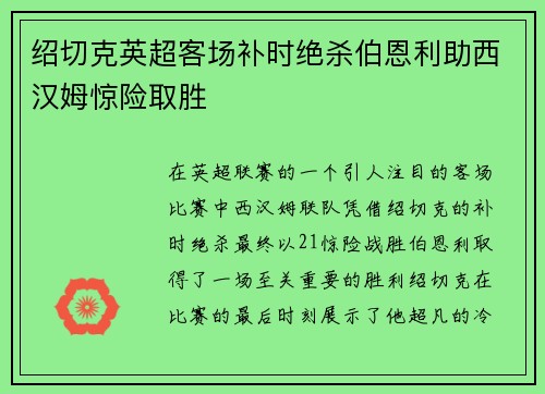 绍切克英超客场补时绝杀伯恩利助西汉姆惊险取胜